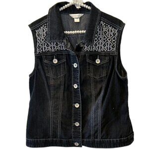Christopher & Banks Black Washed Stretch Denim Vest with Sparkle Detail L EUC